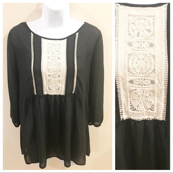 Monteau Tops - Monteau Black Sheer Blouse Embroidered Bib Neck L